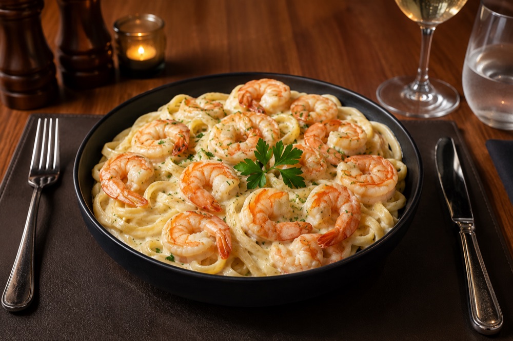 Fettuccine Alfredo com camarão, foto de cardápio